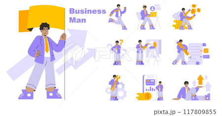 Businessman set. Corporate life scenes with character engaging in various activities, from conquering challenges to strategic planning. Vector illustration. 117809855