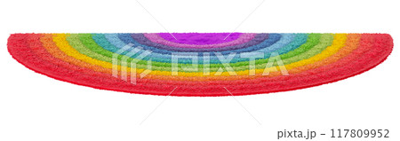 Colorful, vibrant, rainbow carpet with a detailed texture, perfect for modern kids room interiors, isolated on white background. Cut out rug. Childish, playful style. Front view. 3D render. Colorful, vibrant, rainbow carpet with a detailed texture, perfect for modern kids room interiors, isolated on white background. Cut out rug. Childish, playful style. Front view. 3D render. 117809952