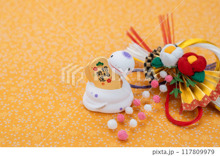 巳年 年賀素材 小判を持った白巳と正月飾り 花柄バック 巳年 年賀素材 小判を持った白巳と正月飾り 花柄バック 117809979