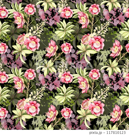 pink floral seamless pattern on a black background pink floral seamless pattern on a black background 117810123