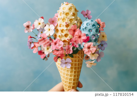 Fashion food set of Ice cream cone with flowers. Minimalist design. 117810154