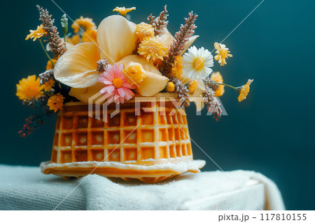 Fashion food set of Ice cream cone with flowers. Minimalist design. 117810155