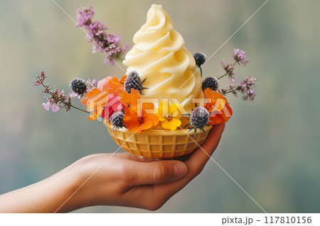 Fashion food set of Ice cream cone with flowers. Minimalist design. 117810156