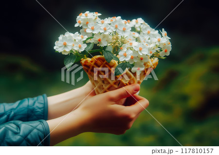 Fashion food set of Ice cream cone with flowers. Minimalist design. 117810157