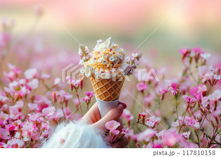 Fashion food set of Ice cream cone with flowers. Minimalist design. 117810158