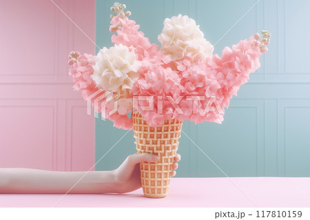 Fashion food set of Ice cream cone with flowers. Minimalist design. 117810159