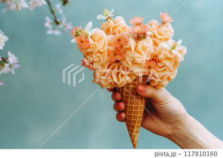 Fashion food set of Ice cream cone with flowers. Minimalist design. 117810160