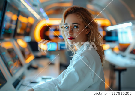 Young Female Uses Artificial Intelligence in System Control Monitoring Center. 117810200