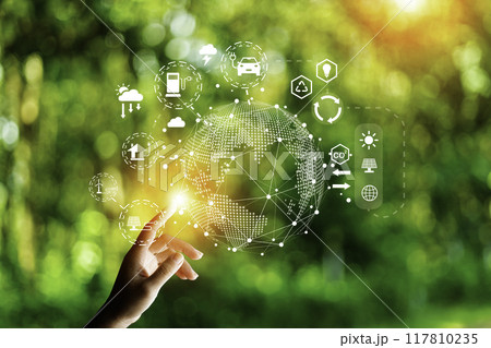 eco friendly energy. Innovation technology eco green concept. Icon bulb energy sources for renewable on green blur background.Concept with innovation inspiration. Idea innovative from the big data 117810235