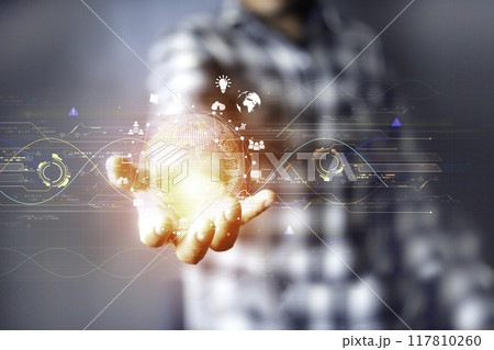 business people pointing to internet connection virtual screen interface technology information technology network Wireless innovation around the world Internet data collection technology for 117810260