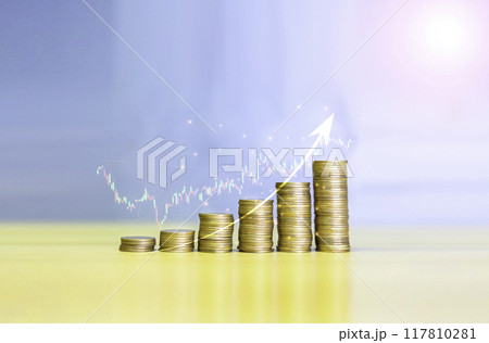Gold coins chart an increase inflation..financial graph showing inflation concept. Displays stock market statistics, crises, inflation, electronic charts with stock market volatility. abstract concep Gold coins chart an increase inflation..financial graph showing inflation concept. Displays stock market statistics, crises, inflation, electronic charts with stock market volatility. abstract concep 117810281
