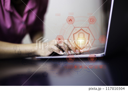 Cyber security concept protect information on internet network. Business scan keys unlock the screen with virtual screen interface to enter the network, futuristic virtual screen interface technology 117810304