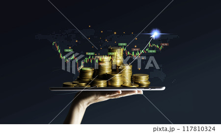 Gold coins are displayed as graphs placed on the smartphone. pile of gold coins with growing capital business investment the growing power of the compound interest concept. wealth, stock investment Gold coins are displayed as graphs placed on the smartphone. pile of gold coins with growing capital business investment the growing power of the compound interest concept. wealth, stock investment 117810324
