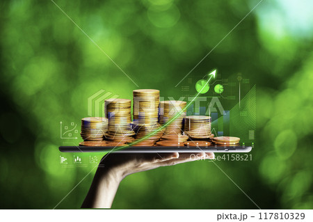 Gold coins are displayed as graphs placed on the smartphone. pile of gold coins with growing capital business investment the growing power of the compound interest concept. wealth, stock investment Gold coins are displayed as graphs placed on the smartphone. pile of gold coins with growing capital business investment the growing power of the compound interest concept. wealth, stock investment 117810329