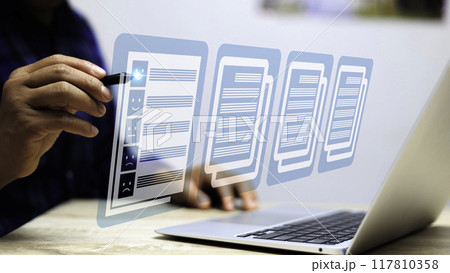 Customer service satisfaction concept. Businessman Hand with thumb up Positive emotion smiley icon. questionnaire for experience or customer satisfaction research. Five star show on virtual screen.. Customer service satisfaction concept. Businessman Hand with thumb up Positive emotion smiley icon. questionnaire for experience or customer satisfaction research. Five star show on virtual screen.. 117810358