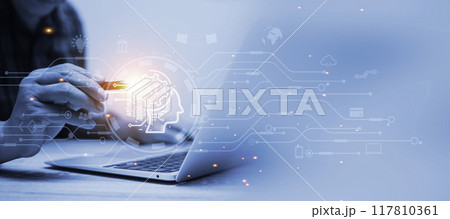 AI (Artificial Intelligence) Technology networks connecting wireless devices. AI technology is essential to business in the digital world. Futuristic virtual screen interface technology. . AI (Artificial Intelligence) Technology networks connecting wireless devices. AI technology is essential to business in the digital world. Futuristic virtual screen interface technology. . 117810361