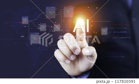 Business people hands holding touching ai icon in global networks. With AI (artificial intelligence) and global information exchange, AI technology is essential for business future digital world.. Business people hands holding touching ai icon in global networks. With AI (artificial intelligence) and global information exchange, AI technology is essential for business future digital world.. 117810391