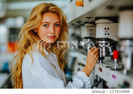Young Female Uses Artificial Intelligence in System Control Monitoring Center. 117810406