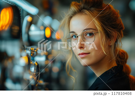 Young Female Uses Artificial Intelligence in System Control Monitoring Center. 117810408