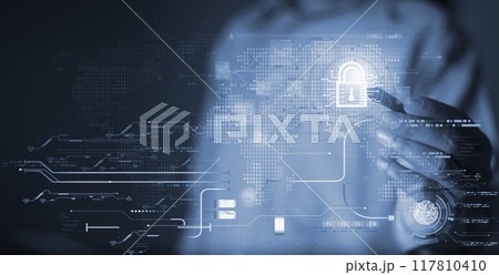 Cyber security concept protect information on internet network. Business scan keys unlock the screen with virtual screen interface to enter the network, futuristic virtual screen interface technology 117810410