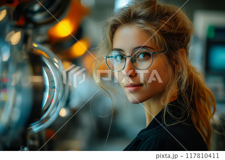 Young Female Uses Artificial Intelligence in System Control Monitoring Center. 117810411