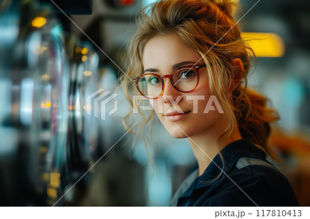 Young Female Uses Artificial Intelligence in System Control Monitoring Center. 117810413