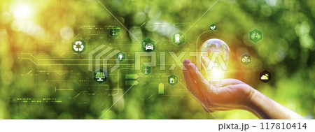 eco friendly energy. Innovation technology eco green concept. Icon bulb energy sources for renewable on green blur background.Concept with innovation inspiration. Idea innovative from the big data 117810414