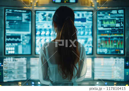 Young Female Uses Artificial Intelligence in System Control Monitoring Center. 117810415