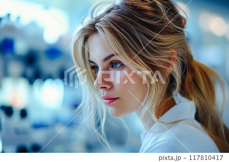Young Female Uses Artificial Intelligence in System Control Monitoring Center. 117810417