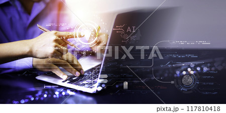 Businessman Touching Icon Bulb.Concept of Ideas for success.Concept with innovation inspiration.Success start from new ideas to innovative technology relying on information from the internet big data. 117810418
