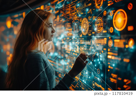 Young Female Uses Artificial Intelligence in System Control Monitoring Center. 117810419