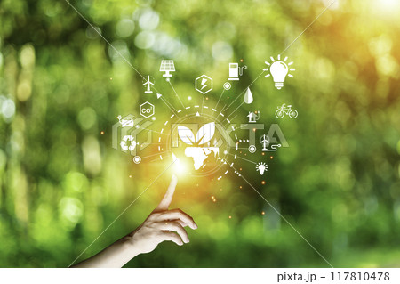 green energy concept help reduce global warming..Hand holding natural background light bulb on green leaf with clean energy icon around it. Carbon dioxide emission in industry zero carbon concept.. 117810478