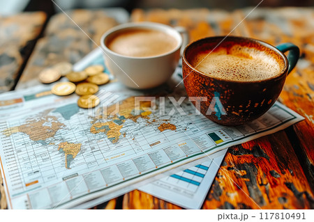 Travel planning concept. Top view of map cups of coffee. 117810491