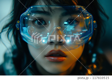 Metaverse technology concept. Woman wearing vr goggles headset connecting online internet of things. Metaverse technology concept. Woman wearing vr goggles headset connecting online internet of things. 117810515