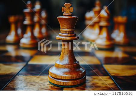 King chess in front of silver pawn chess on chessboard and dark background 117810516