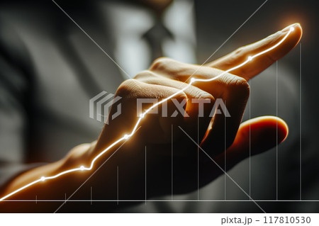 Businessman touching an upward trend line on a virtual chart. 117810530