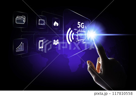 5G Technology networks Internet connecting wireless devices around the world. 5G technology is essential to businesses in the digital world with smartphones in hand and icons connected to each other 117810558