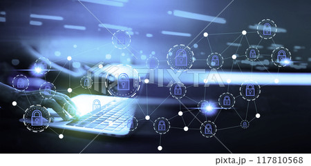 Cyber security concept protect information on internet network. Business scan keys unlock the screen with virtual screen interface to enter the network, futuristic virtual screen interface technology 117810568