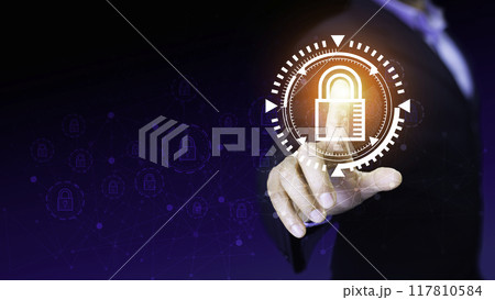 Cyber security concept protect information on internet network. Business scan keys unlock the screen with virtual screen interface to enter the network, futuristic virtual screen interface technology 117810584