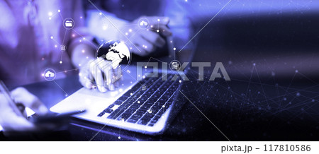 businessman sit and work on information technology networks internet connection Wireless devices around the world Information technology is essential for businesses in a digital world.. 117810586
