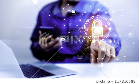 Cyber security concept protect information on internet network. Business scan keys unlock the screen with virtual screen interface to enter the network, futuristic virtual screen interface technology 117810589