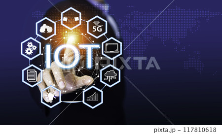 Information Technology Networks Internet Connecting Wireless Devices around the world. Information Technology is Essential to Businesses in the Digital world with  and Icons Connected to each other 117810618