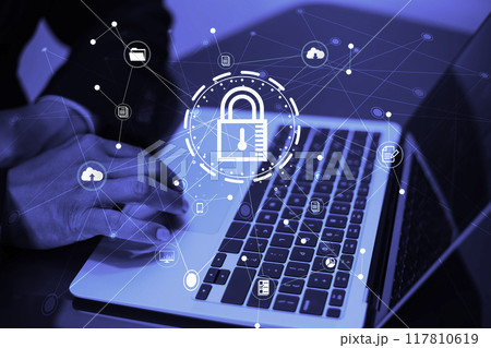 Cyber security concept protect information on internet network. Business scan keys unlock the screen with virtual screen interface to enter the network, futuristic virtual screen interface technology 117810619