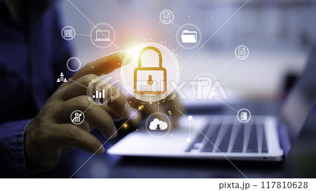 Cyber security concept protect information on internet network. Business scan keys unlock the screen with virtual screen interface to enter the network, futuristic virtual screen interface technology Cyber security concept protect information on internet network. Business scan keys unlock the screen with virtual screen interface to enter the network, futuristic virtual screen interface technology 117810628