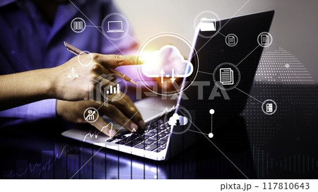 Business working using laptop on Futuristic virtual screen interface Technology. networks internet connection Wireless devices around the world Information technology is essential for businesses. Business working using laptop on Futuristic virtual screen interface Technology. networks internet connection Wireless devices around the world Information technology is essential for businesses. 117810643