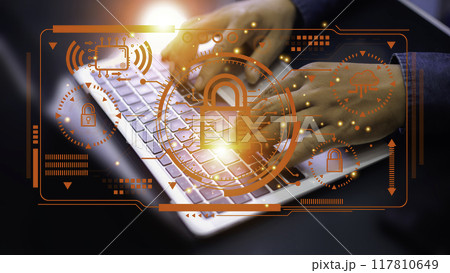 Cyber security Concept to protect Information on Internet Network. Businessman Scan fingerprint with virtual screen interface to enter Internet Network.Futuristic virtual screen interface Technology 117810649