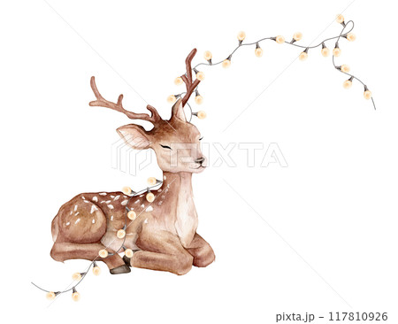 Watercolor Christmas baby deer and garland of warm bulbs. Spotted deer isolated on white background. Hand painted wild animal template for fabric. Realistic animal for design and print or background. Watercolor Christmas baby deer and garland of warm bulbs. Spotted deer isolated on white background. Hand painted wild animal template for fabric. Realistic animal for design and print or background. 117810926
