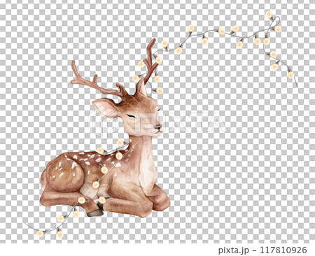 Watercolor Christmas baby deer and garland of warm bulbs. Spotted deer isolated on white background. Hand painted wild animal template for fabric. Realistic animal for design and print or background. Watercolor Christmas baby deer and garland of warm bulbs. Spotted deer isolated on white background. Hand painted wild animal template for fabric. Realistic animal for design and print or background. 117810926