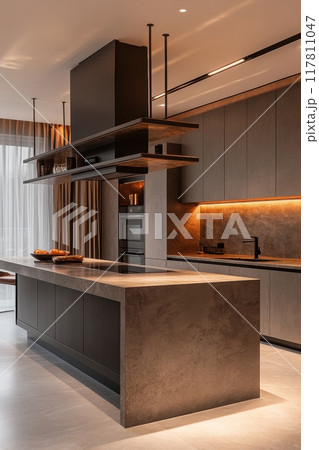 Modern Luxury Kitchen with Sleek Design and High-End Finishes Featuring a Large Island and Ambient Lighting Modern Luxury Kitchen with Sleek Design and High-End Finishes Featuring a Large Island and Ambient Lighting 117811047