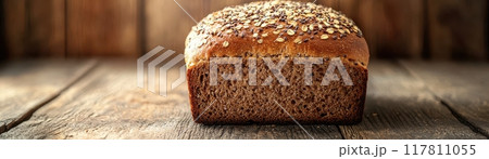 Freshly Baked Whole Grain Bread Loaf on Rustic Wooden Table with Seeds on Top 117811055